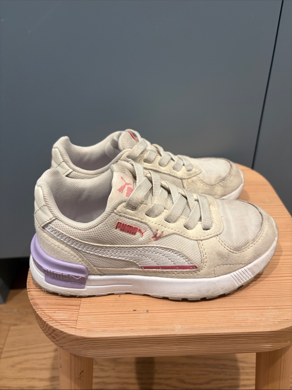Puma Kids Beige Sneakers with Light Purple Accents